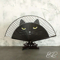 éventail chat noir bois face