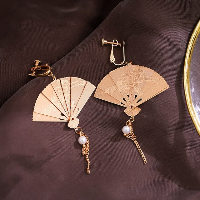Boucles D'Oreilles Éventail Chinoises - Design Vintage Avec Pompons, Asymétriques, Alliage - 4