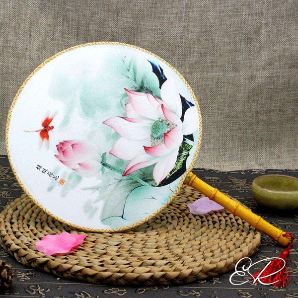 Éventail Chinois Traditionnel Rond En Soie – Motif Floral Peinture Encre, Glands Élégants, Artisanat Chinois